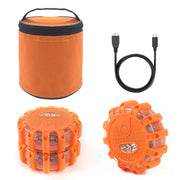Ecoangel front view pack showing three rechargeable flares and benefits of visibility