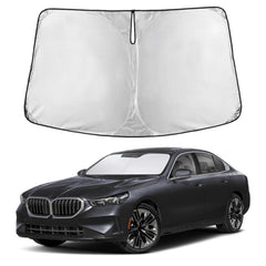 EcoNour front view sunshade fitted on BMW 5 Series windshield showing full coverage