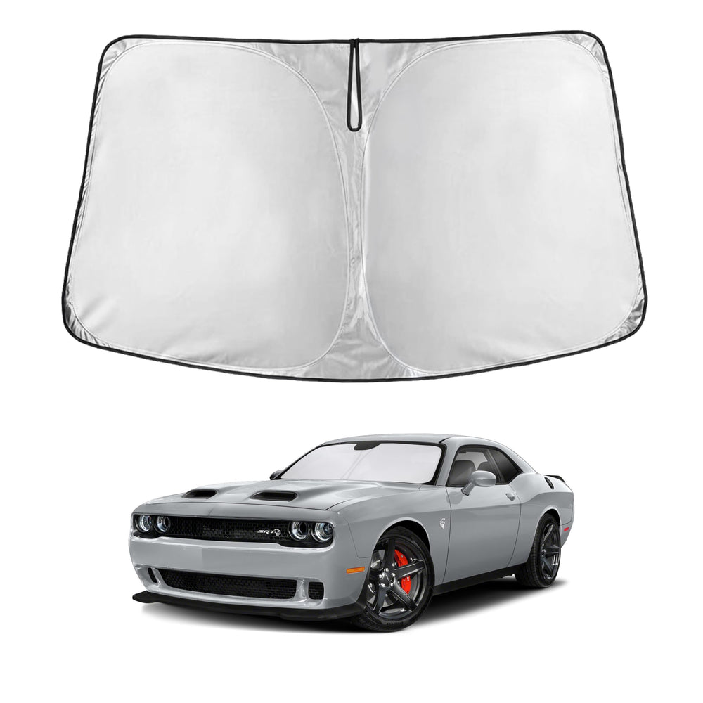 EcoNour front view of sunshade covering Dodge Challenger windshield for full protection