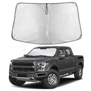 EcoNour front-facing sunshade showing full windshield coverage and precise Ford F150 fit