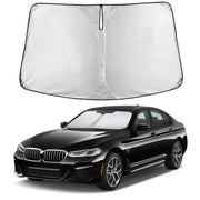 EcoNour sunshade front fitment on BMW 5 Series G30 G31 showing exact coverage and protection
