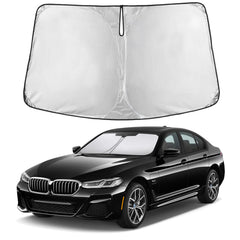 EcoNour sunshade front fitment on BMW 5 Series G30 G31 showing exact coverage and protection