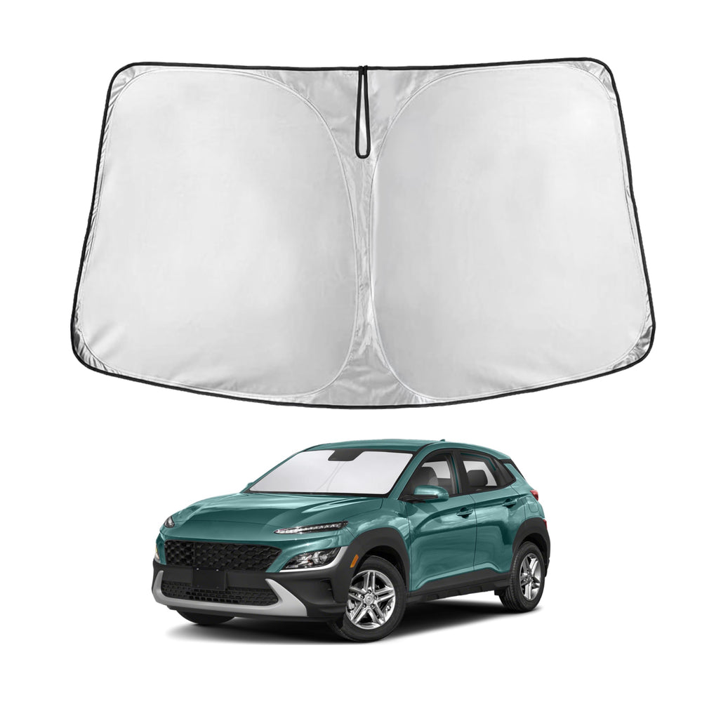 EcoNour front view of sunshade on Hyundai Kona showing full windshield coverage and protection
