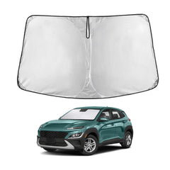 EcoNour front view of sunshade on Hyundai Kona showing full windshield coverage and protection
