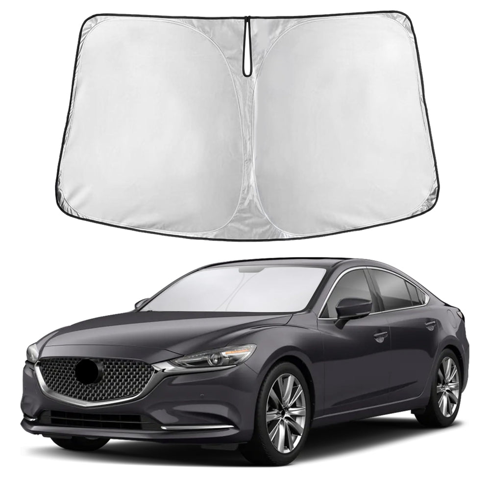 EcoNour front view of sunshade sized for Mazda 6 showing full windshield fit and protection