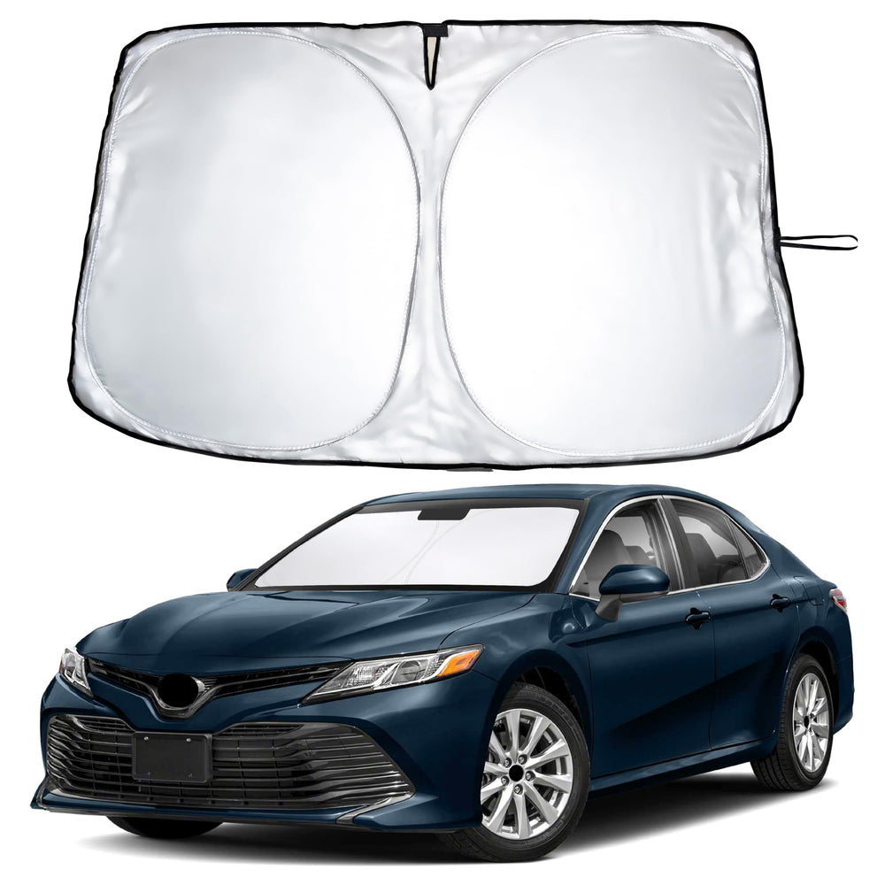 EcoNour front view showing full-fit sunshade on Camry windshield, reduces cabin heat