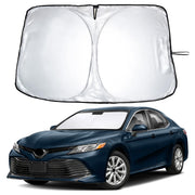EcoNour front view showing full-fit sunshade on Camry windshield, reduces cabin heat