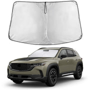 EcoNour front view sunshade fitted to Mazda CX-50 showing full windshield coverage and cooling benefit