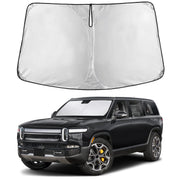 EcoNour front view sunshade showing full Rivian windshield coverage for interior protection