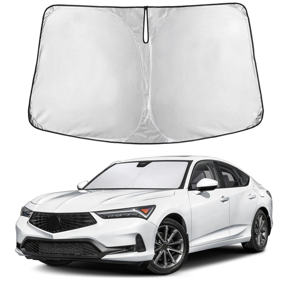 EcoNour sunshade front view fitted on Acura Integra windshield showing full coverage and protection