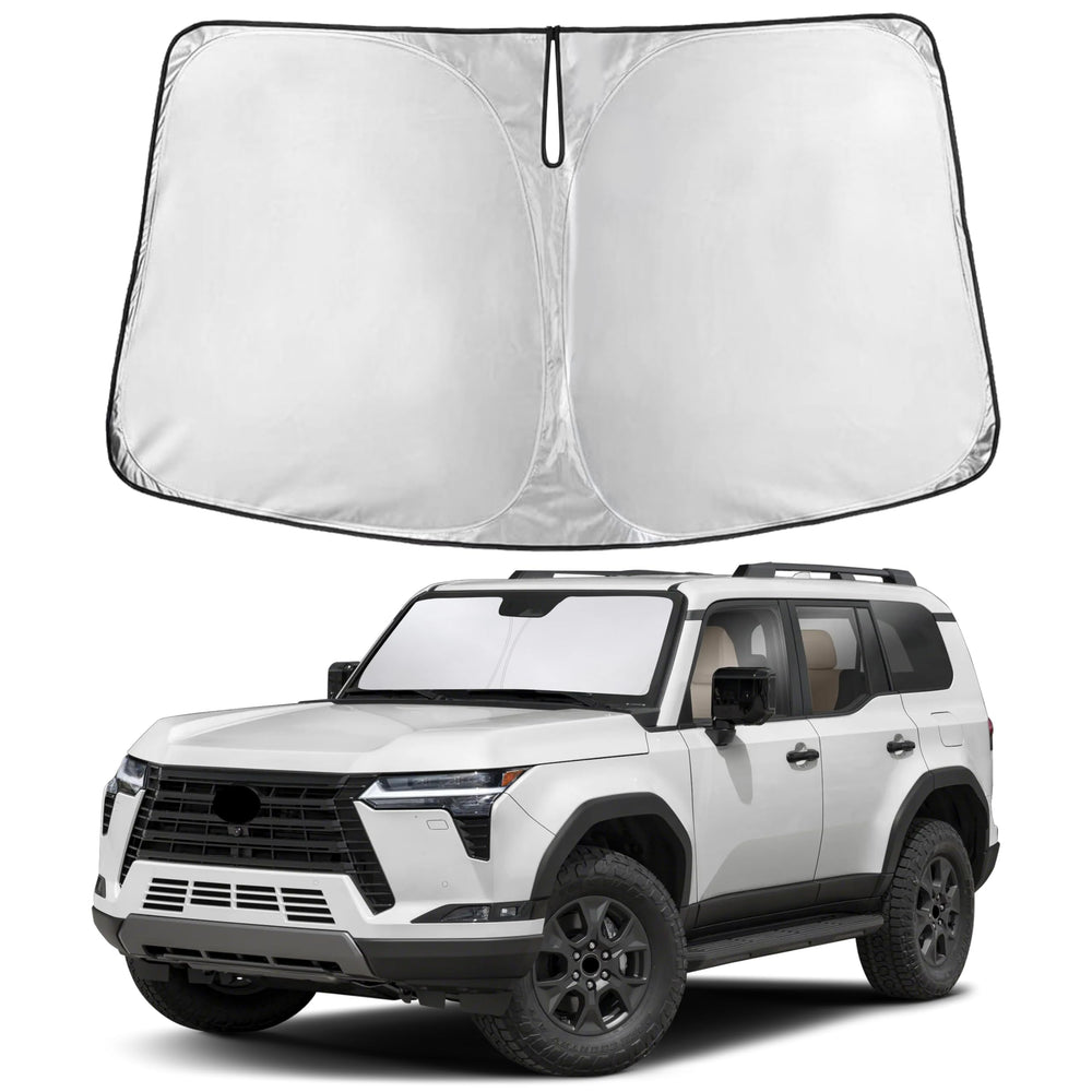 EcoNour sunshade fitted in Lexus GX550 windshield showing full coverage benefit