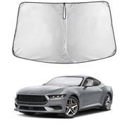 EcoNour front view of sunshade covering Mustang windshield, protects interior