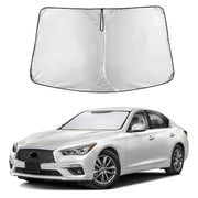 EcoNour front view of sunshade fitted to Infiniti Q50 windshield showing full coverage benefit