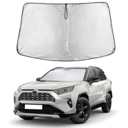 EcoNour front view sunshade fitted in RAV4 showing full coverage and heat reduction