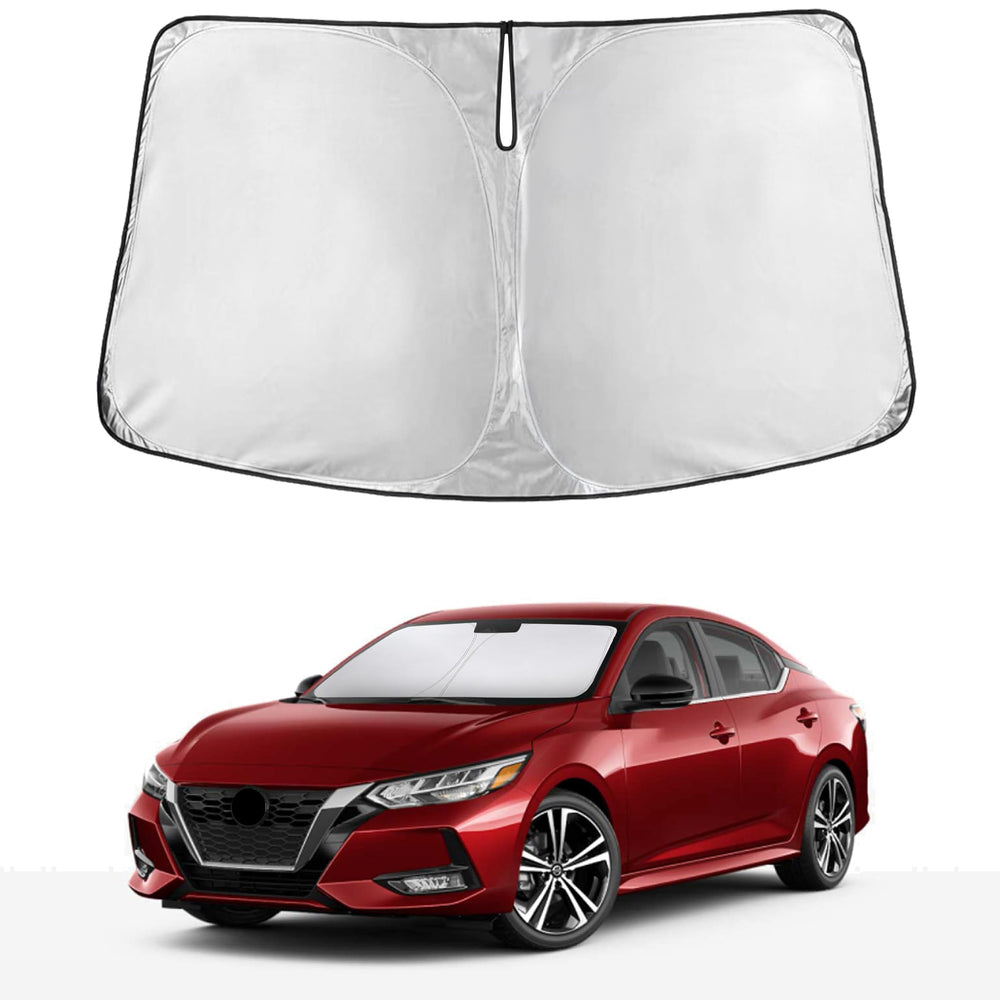 EcoNour windshield sunshade front fit showing full Sentra coverage and cooling benefit