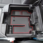 EDBETOS front view of console tray showing tidy two-tier storage benefit
