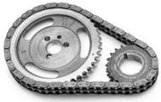 Edelbrock 7802 front view showing complete timing chain kit and gears for reliability