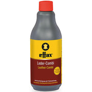 Effax leather combi bottle front view showing label and 500ml size, clear benefits