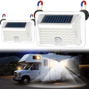 EJYTRVT front view showing two solar lights and benefits of quick install