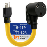 ELEGRP front-facing adapter showing plugs and compact profile, enabling easy household-to-RV power