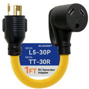 ELEGRP front view showing L5-30P twist-lock plug and TT-30R RV receptacle benefit secure connection
