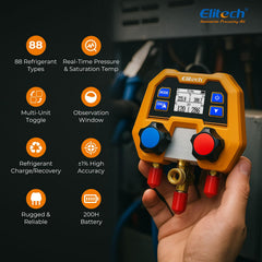 Elitech DMG-2SE display close-up showing refrigerant readouts for accuracy