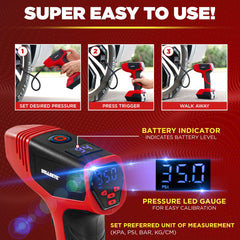 EMSON Bullseye Pro Max inflating tire at night with LEDs for safer repairs