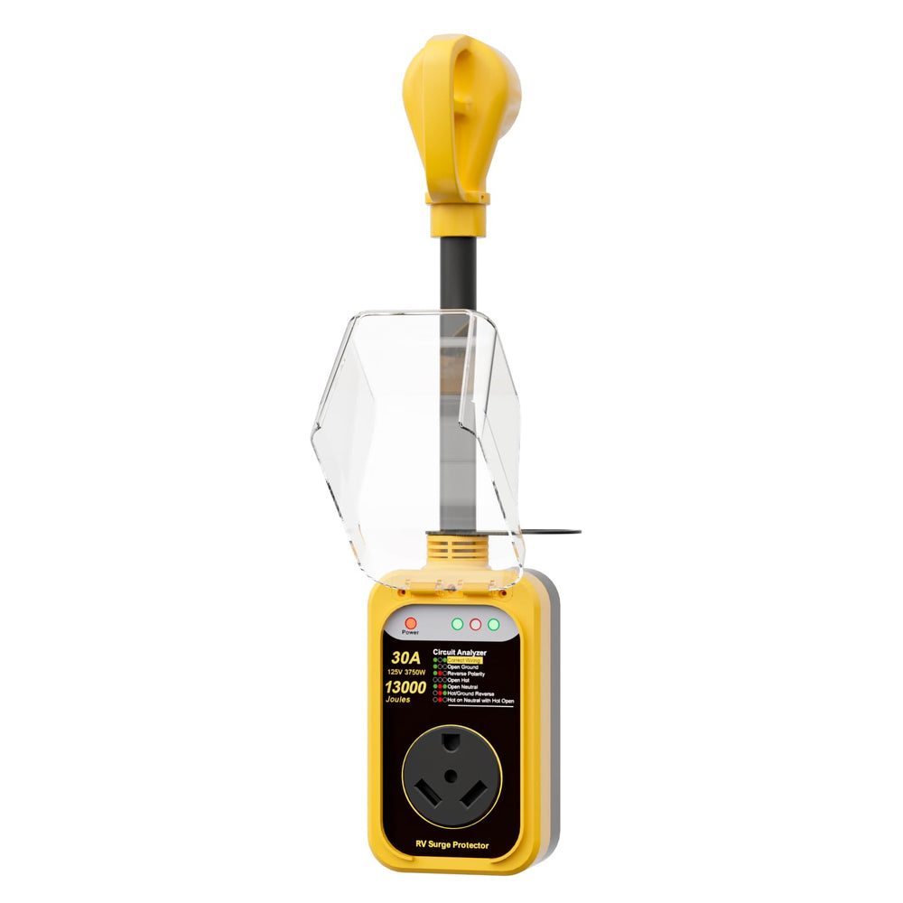 EPLCSE front view showing pedestal plug and safe connection indicator; protects RV electrical system