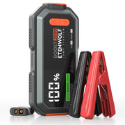 ETENWOLF jump starter front view showing ports and compact design for reliable starts