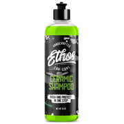 Ethos bottle front view showing product branding and glossy finish benefit