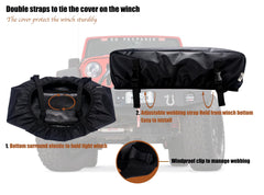 Eudora adjustable webbing strap close-up showing strong fastener to keep cover tightly in place