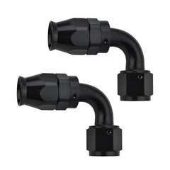 EVIL ENERGY 6AN 90° fitting front view showing black anodized finish and benefit of corrosion resistance