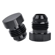 EVIL ENERGY front view of black 6AN male flare plug showing shape and finish, durable protection