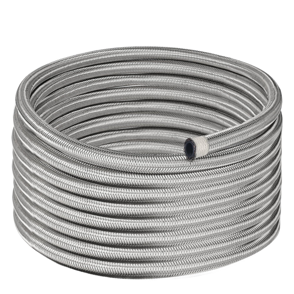 EVIL ENERGY front view of 6AN braided fuel line showing silver braid and flexibility benefit