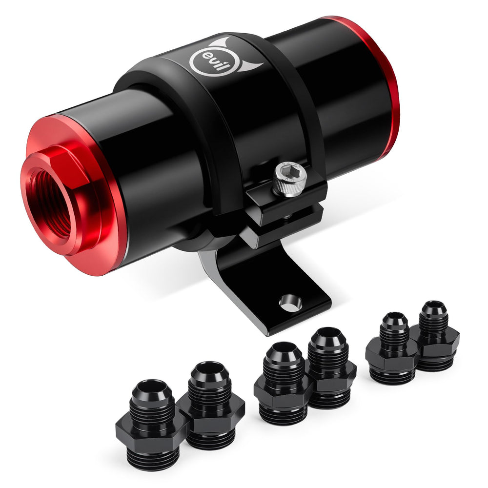EVIL ENERGY front view of red inline fuel filter showing compact durable design and visual appeal