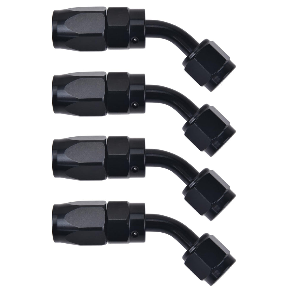 EVIL ENERGY front view of four 6AN 45° fittings showing finish and ports for better durability
