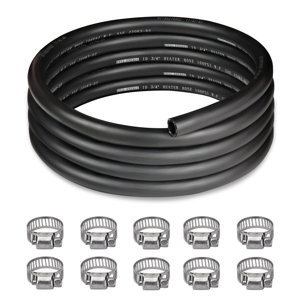 EVIL ENERGY front view of 10ft heater hose kit showing included clamps and packaging, durable setup