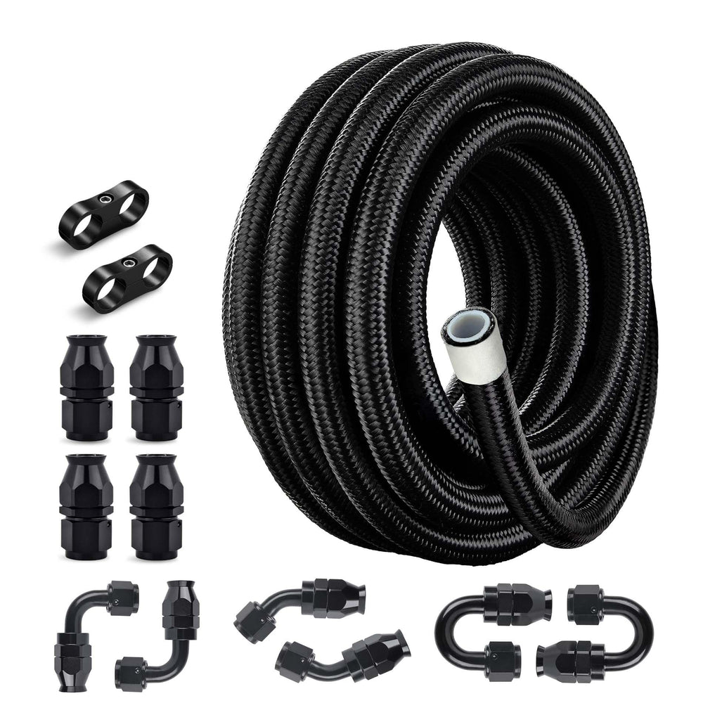 EVIL ENERGY front view of 20ft AN6 PTFE fuel line kit showing length and braid benefit