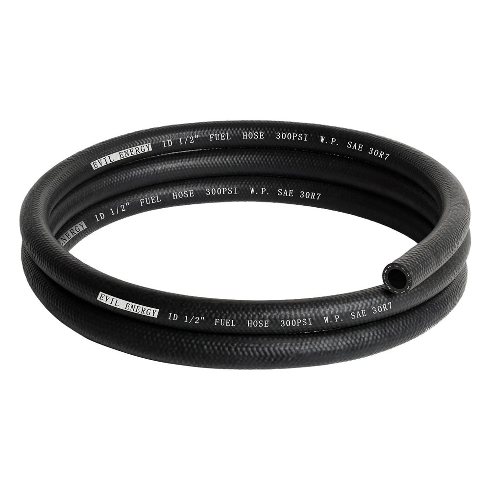 EVIL ENERGY front view of 5ft SAE 30R7 fuel hose showing label and length benefit