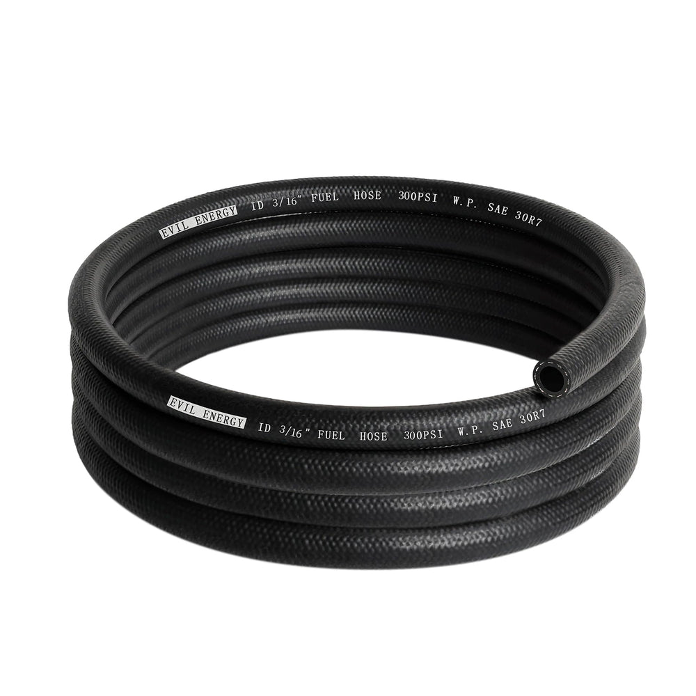 EVIL ENERGY front view of 10ft SAE 30R7 fuel hose showing compact coiled packaging and clear labeling, durable length