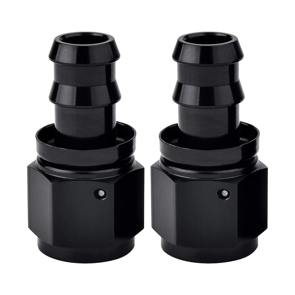 EVIL ENERGY front view of 12AN to 3/4" barb fitting showing black anodized finish and compact profile benefits