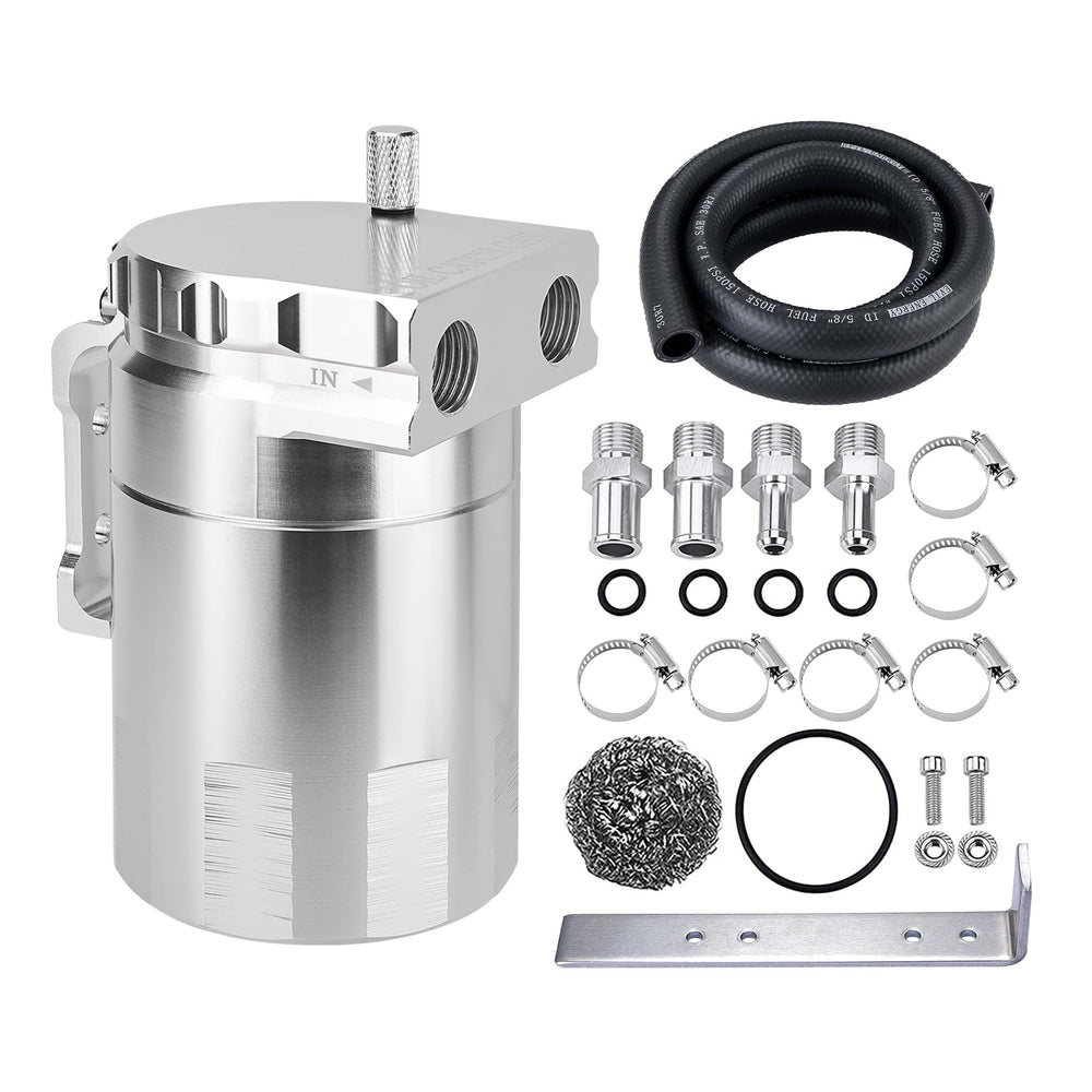 EVIL ENERGY front view of aluminum catch can showing compact design and benefit of cleaner intake