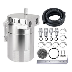 EVIL ENERGY front view of aluminum catch can showing compact design and benefit of cleaner intake