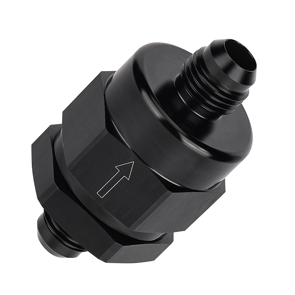 EVIL ENERGY front view of 6AN check valve showing compact inline shape and secure fit