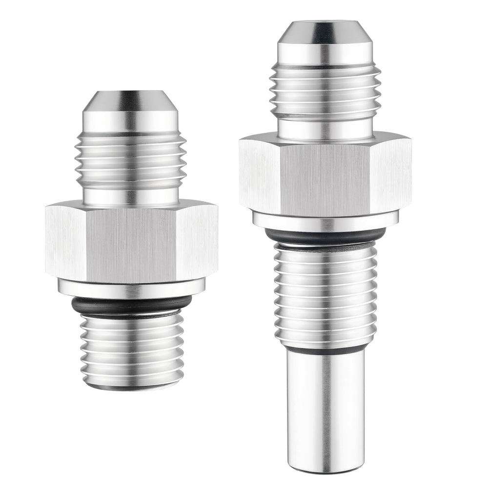 EVIL ENERGY front view of two AN6 to 1/4 NPSM fittings showing shape and finish, easy install benefit