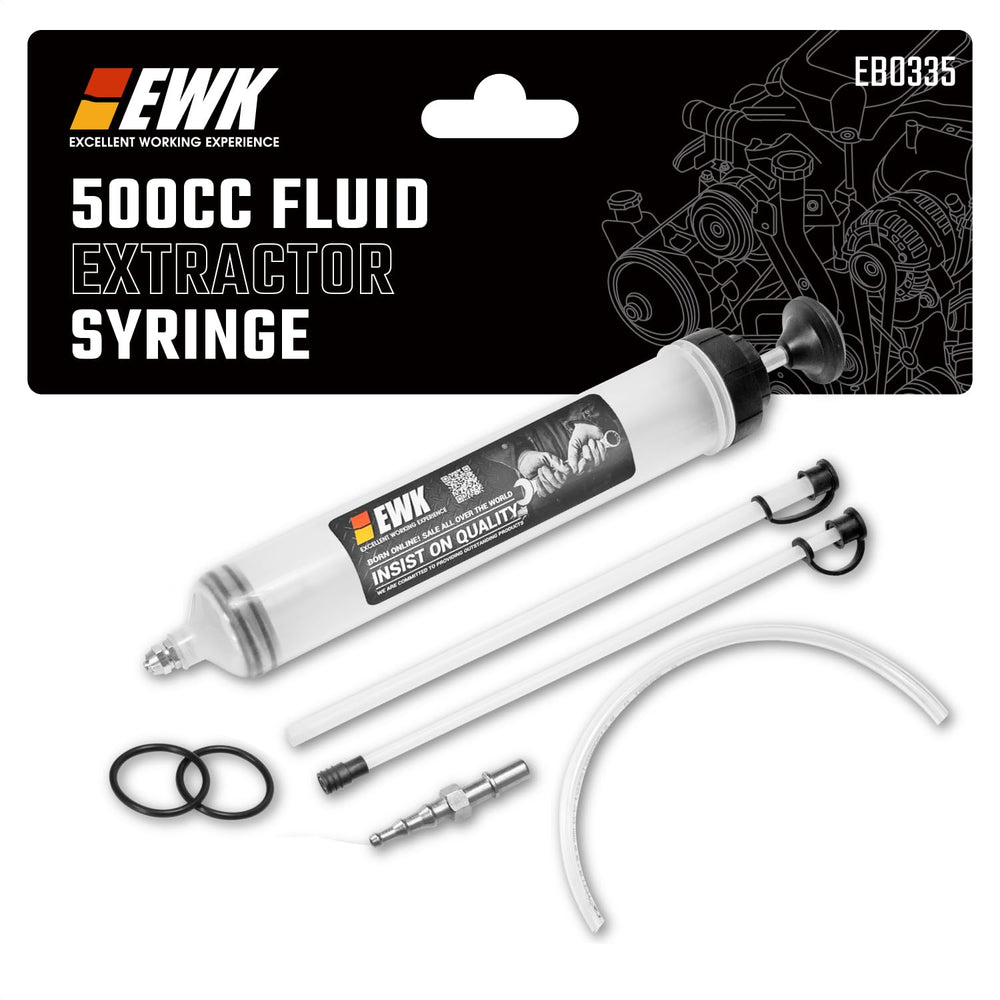 EWK 500cc extractor front view shows compact pump and hose, offering clean transfers