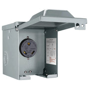 EXCELFU front-mounted 30A RV outlet box showing weatherproof door and mounting benefits