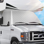 EXCELFU front view on RV showing full windshield coverage and sun protection