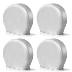Explore Land front view of silver 4-pack tire covers, protects tires from sun