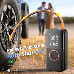 Eyshwu inflator attached to a car tire demonstrating fast roadside inflation